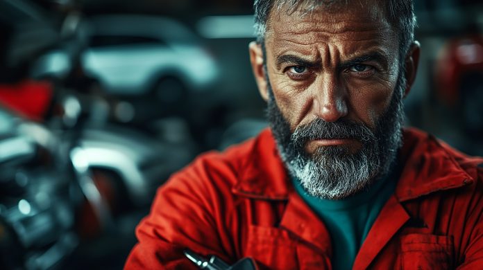 Close-up Portrait of a Proud Mechanic in a Workshop