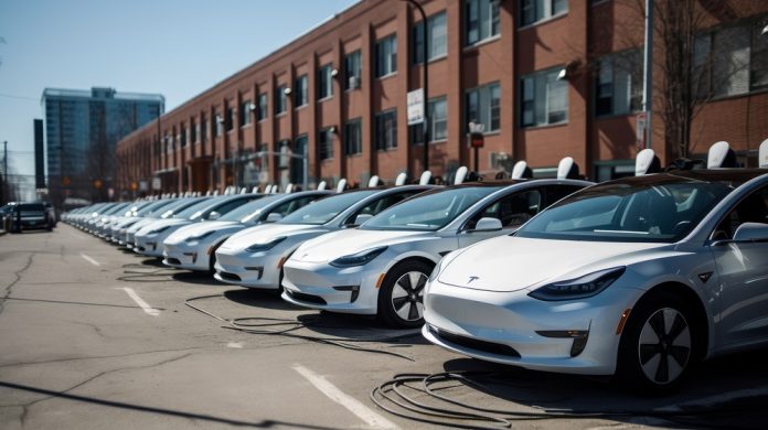 A fleet of electric vehicles parked and charging. AI generated